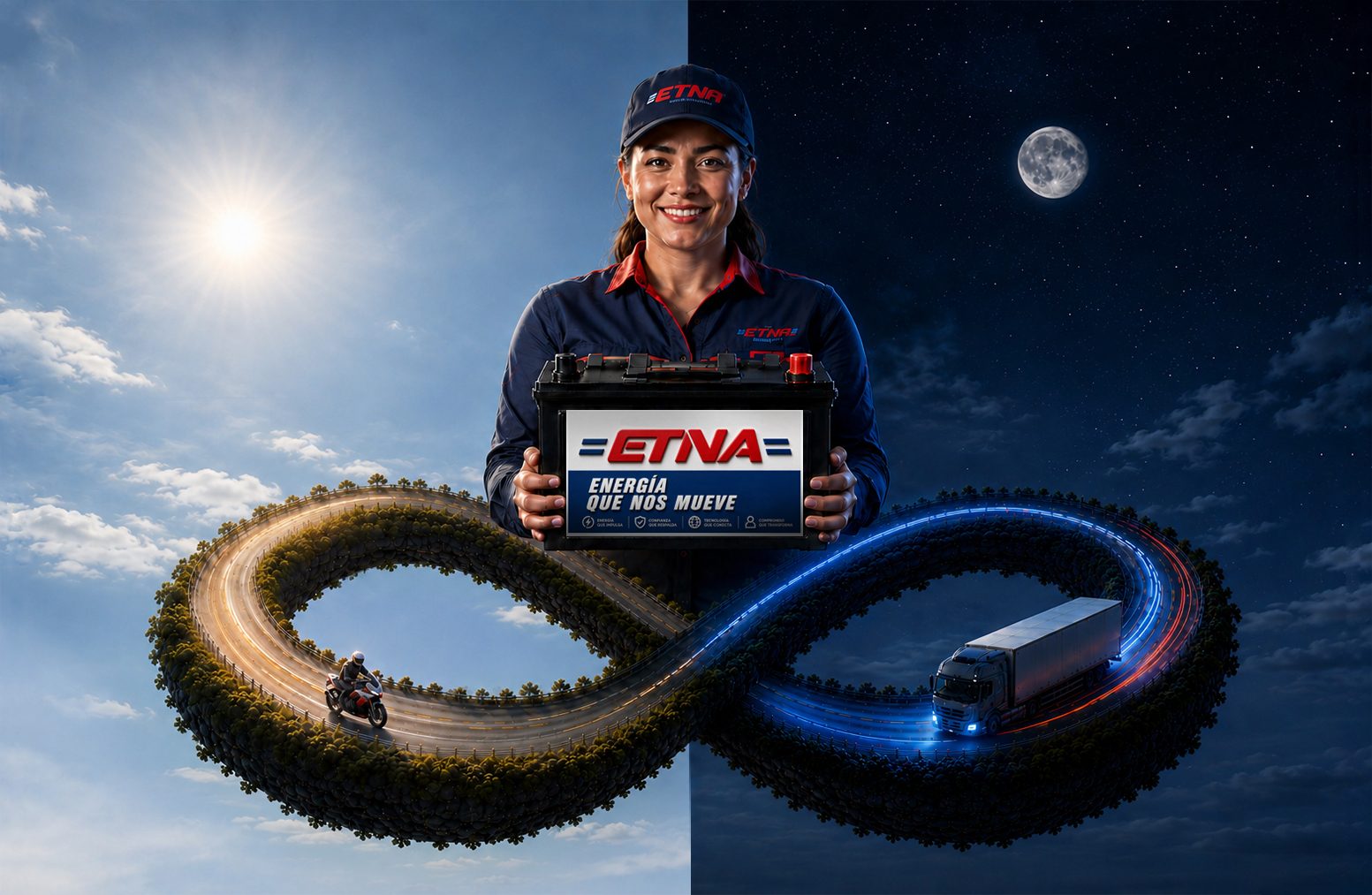 Etna: Energía que Nos Mueve — versión vertical del loop infinito con camión de carga y sedán, de noche y de día