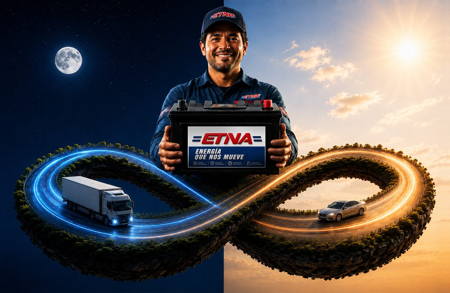 Etna: Energía que Nos Mueve — versión vertical del loop infinito con camión de carga y sedán, de noche y de día